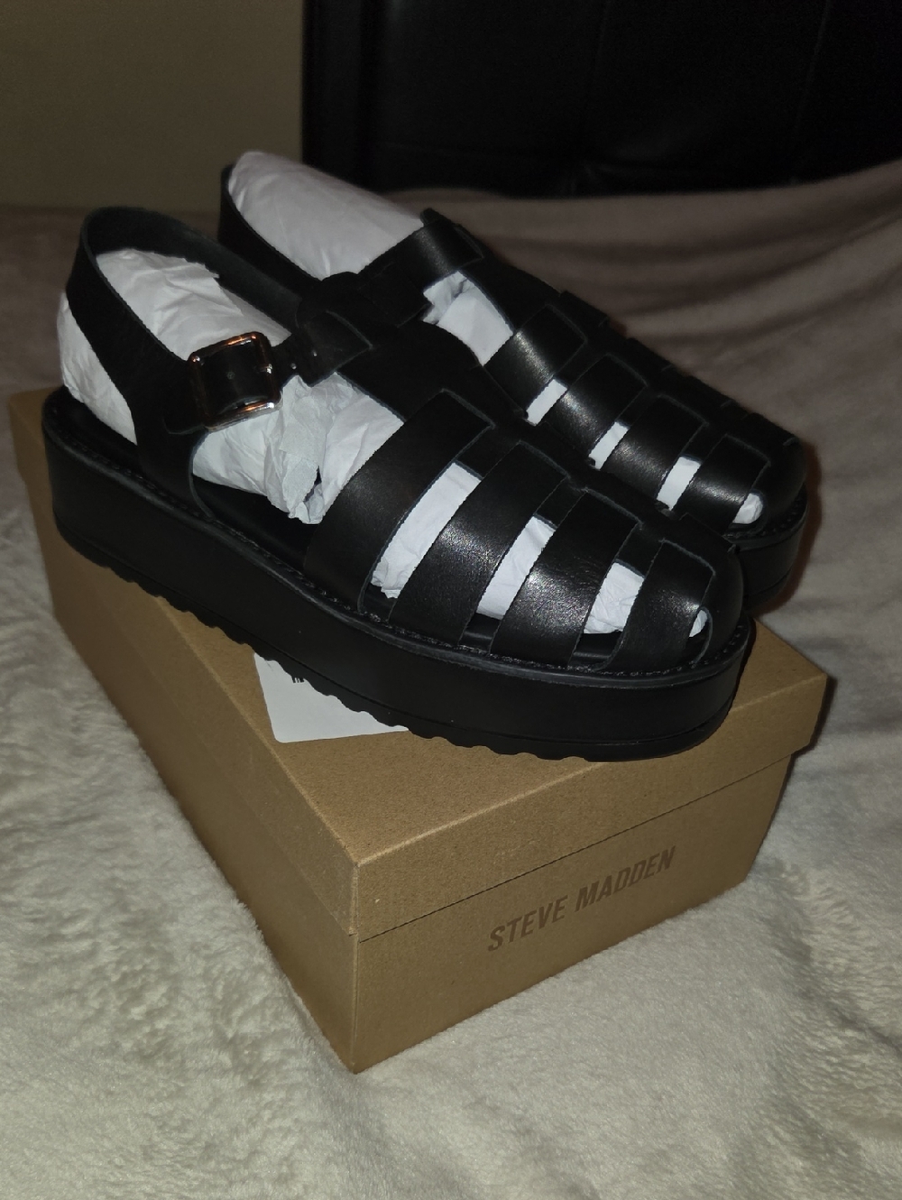 Steve Madden Benson Black Leather Platform Sandals, Sz 11
